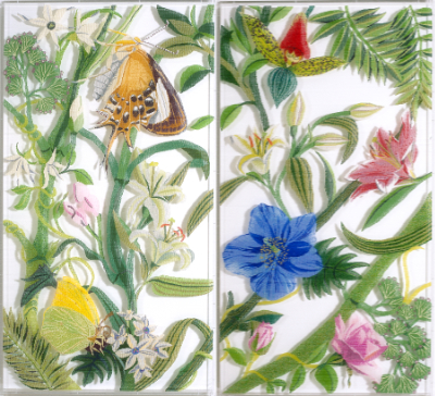 Image of flowers and butterflies created using tiny glass beads