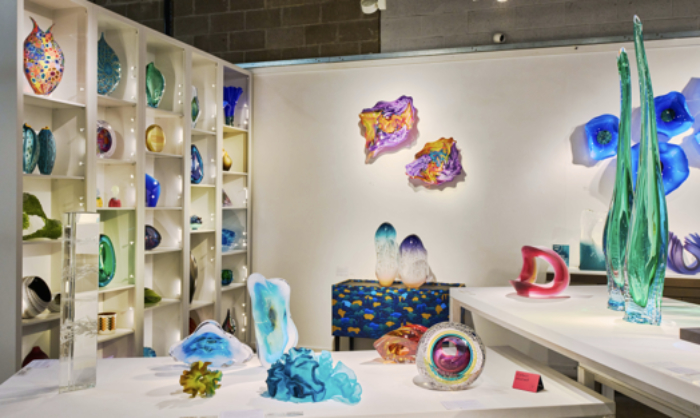 A view of London Glassblowing gallery showing various art glass sculptures