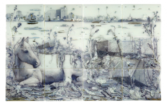 Sibylle Peretti's After the Flood before the Storm wall panel, kiln-formed glass, engraved, silvered, painted, paper, print