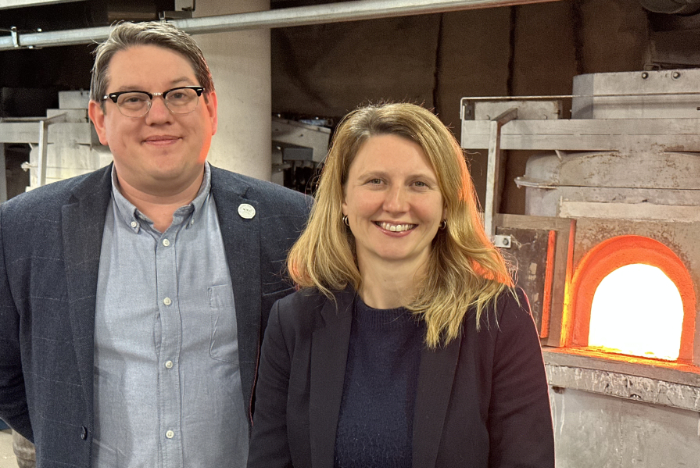 Sunderland Culture CEO Nick Malyan and Rachel Smith, Director, National Glass Centre, in front of a glassblowing furnace