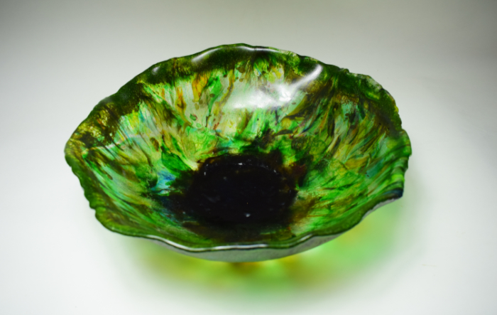 Green Iris cast glass sculpture made using a deep slump