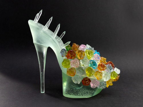 'Bed of Roses' cast glass shoe sculpture by Alison Allum.