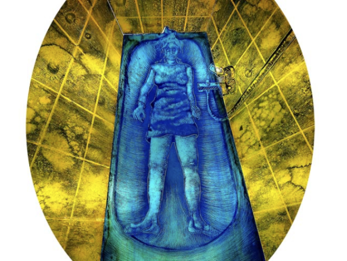 Stained glass artwork of a woman lying in a bath, from an overhead perspective