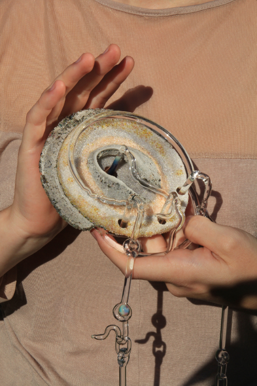 'Mollusca' wearable art held by Barbora Pospíšilová,part of 'Scaffold that is a Shackle that is a Shell' collection. 