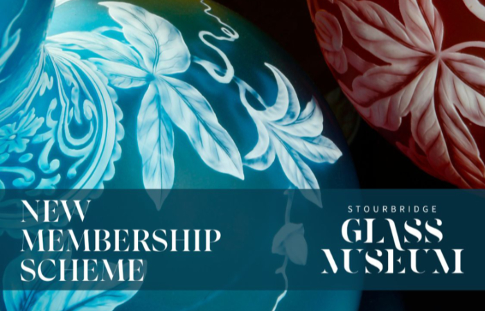 Image promoting Stourbridge Glass Museum new membership scheme with background of glass vases