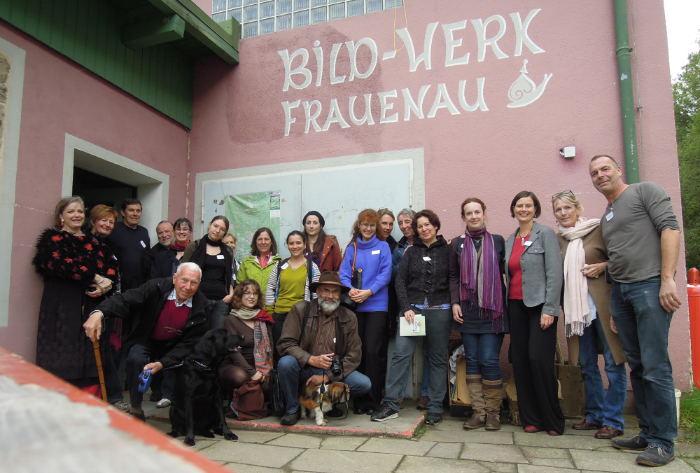 The group who attended the first meeting about improving the visibility of European glass engraving, which resulted in the establishment of the Glass Engraving Network. Group stands outside Bild-Werk Frauenau building. 