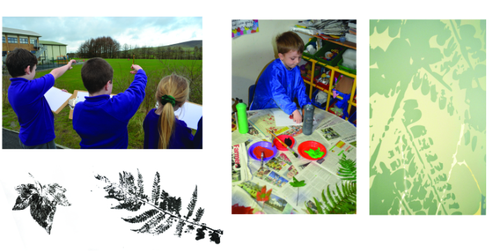 A montage of images of children drawing nature outdoors and working with glass in the classroom, alongside images of printed leaves and etched glass featuring leaf images.