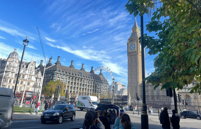 A view of the Elizabeth Tower, that houses Big Ben, and the Houses of Parliament in London.