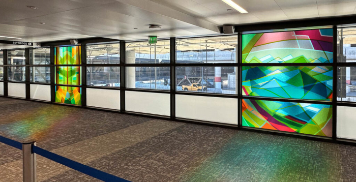 Rendering of ‘Cascadia’ – a large-scale glass installation for SEA – Seattle Tacoma International Airport – consisting of 13 unique kiln-formed and laminated panel sets, each measuring approximately 85 x 85 inches. 