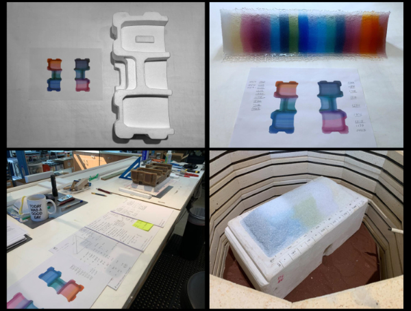 An image of four steps in the process of completing Eternal Optimist sculpture, showing the model, firing and test details.