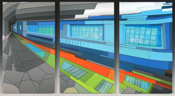 A glass triptych by Morgan Madison called On the Way and featuring abstracted architecture made from kiln-formed glass in blues, orange, grey and green.