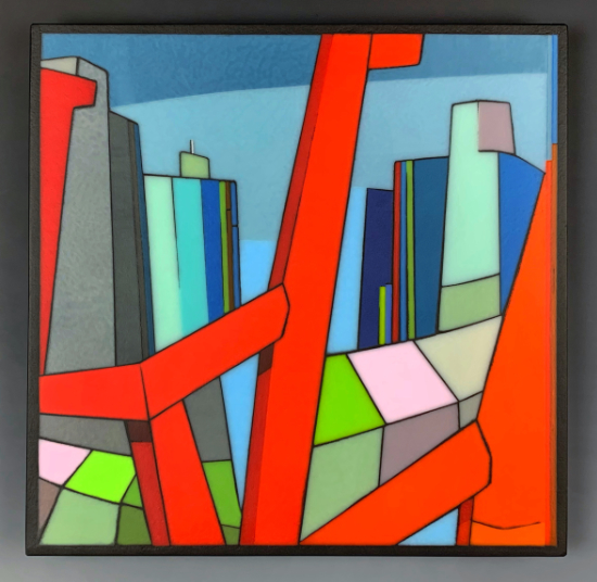 ‘Reach’ is made from kiln-formed and cold-worked glass in a square form with angular, architectural abstract panels of coloured glass.