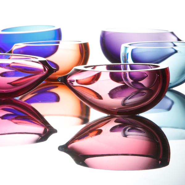 A selection of brightly coloured 'Glass Pips' made from blown glass by Emmy Palmer.