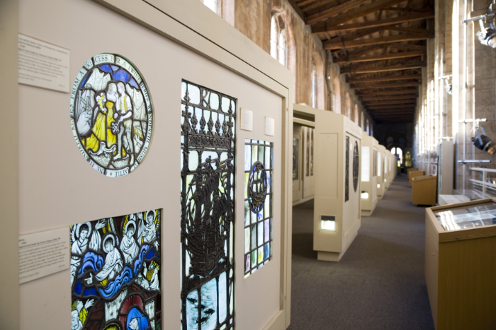 Inside view of the Stained Glass Museum collection in the transept of Ely Cathedral.