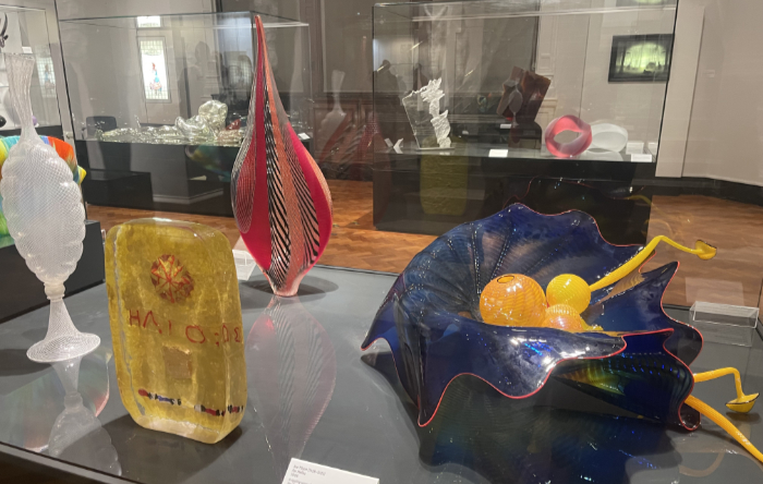 A view across the glass collection cabinets at the V&A Museum.