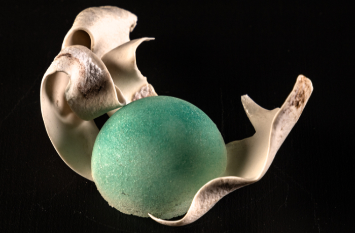 A mixed media sculpture by Maria Donnai called Deep Unknowns 1 - featuring a green sphere of glass held in a brownish curled ceramic with uneven edges.