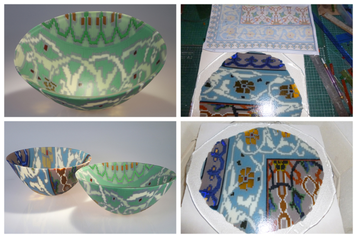Collage of four images of the making of two fused glass bowls using patterns from a silk rug.