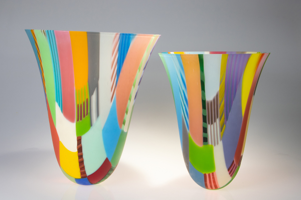 Mwnt Duo - a pair of bright coloured patchwork glass vessels