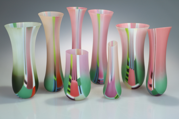 Ruth Shelley's Rosebay Willowherb collection of vessels in pinks and greens featuring gravity-pulled patterns.
