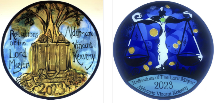 Glass roundel designs by two winners of the 2023 Lord Mayor's competition by Bethan Yates and Kate Henderson.