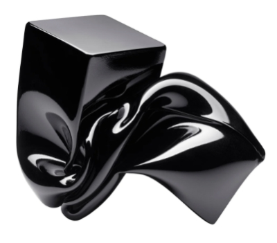 A twisted shiny black glass sculpture bent from a rectangular shape at one end to a tight twist at the other.