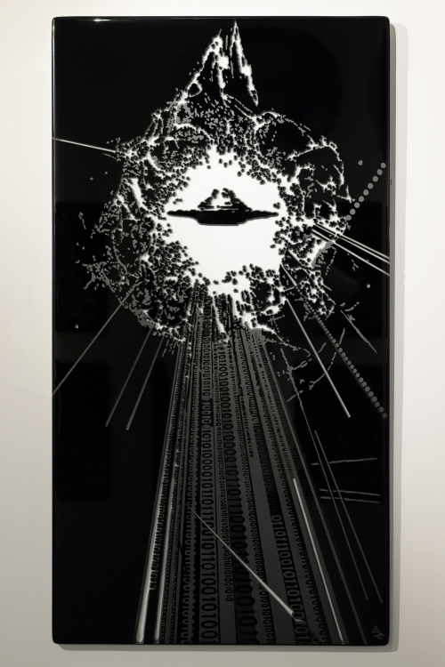 A dramatic artwork featuring a UFO saucer against a white background and beams of light all against a black rectangular background.