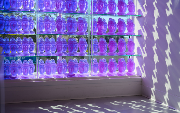A wall of purple goddess heads made from cast glass against a glass window making wobbly shadows on the wall and floor. Made by Trish Duggan.