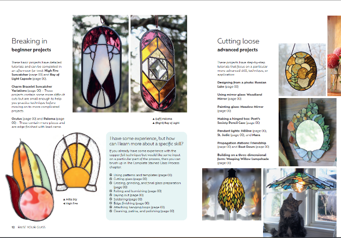 Inside pages from the book Raise Your Glass showing assorted stained glass projects