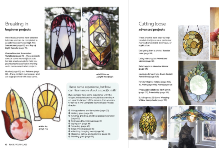 Pages from stained glass book Raise Your Glass showing light catchers and mirrors with text about the projects.