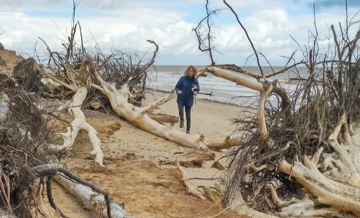 Liz Waugh McManus recording sounds at Covehithe on the beach for a new project with her son.