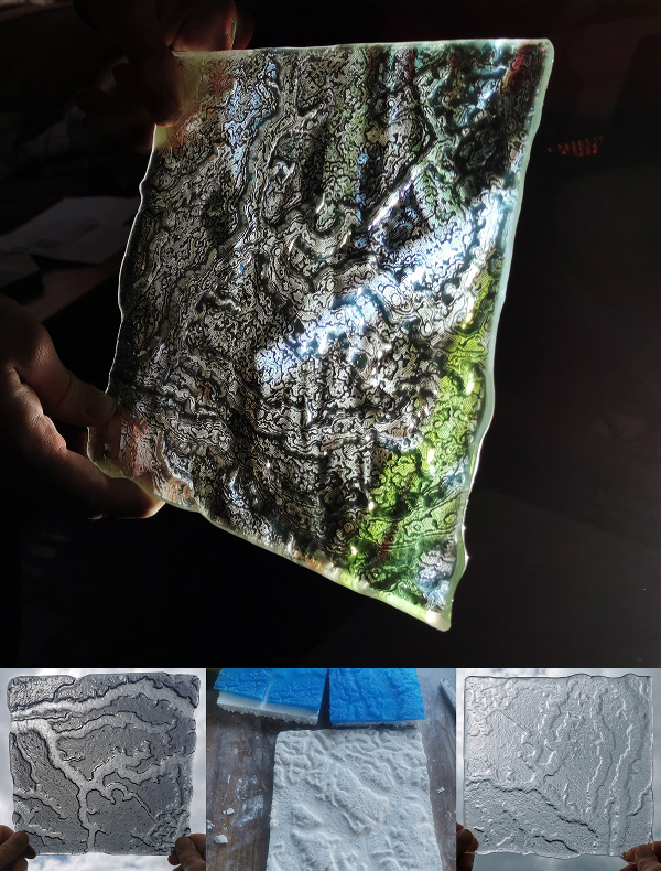 Image made up of 4 work in progress shots of cast glass salt marsh and the moulds used to create it.