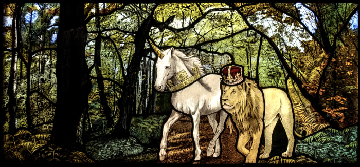 A narrow rectangular stained glass panel in high detail featuring a lion and unicorn walking through a dark woodland.