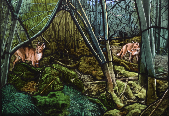 A highly detailed and rich hand-painted woodland scene in stained glass featuring fox and deer amid lush planting and tree trunks.