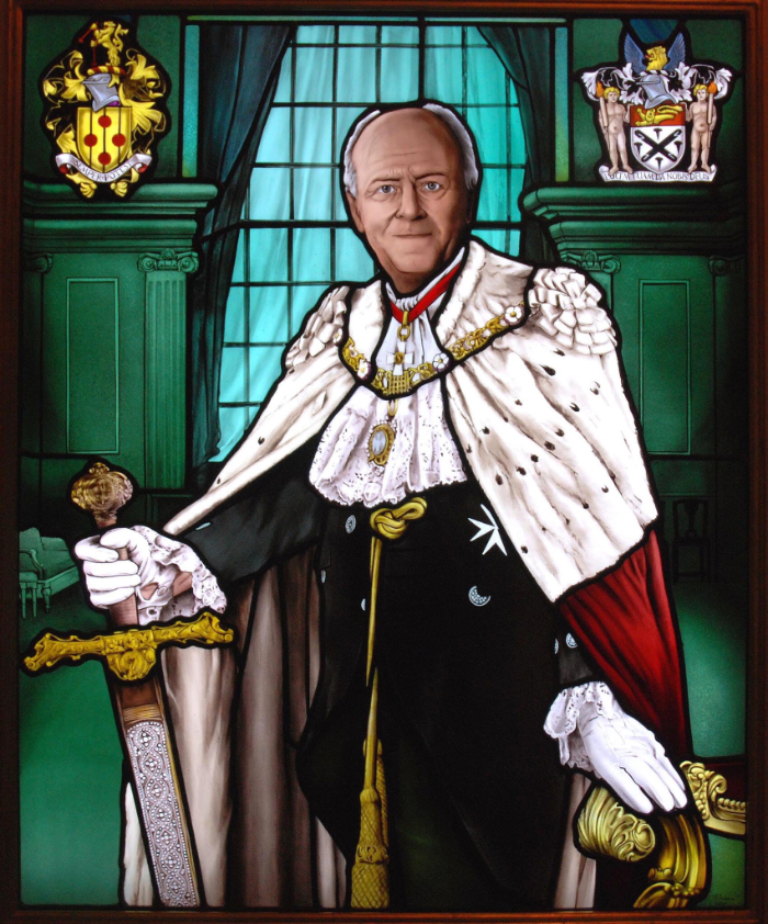 Stained glass portrait of Sir John Stuttard at Glaziers Hall.