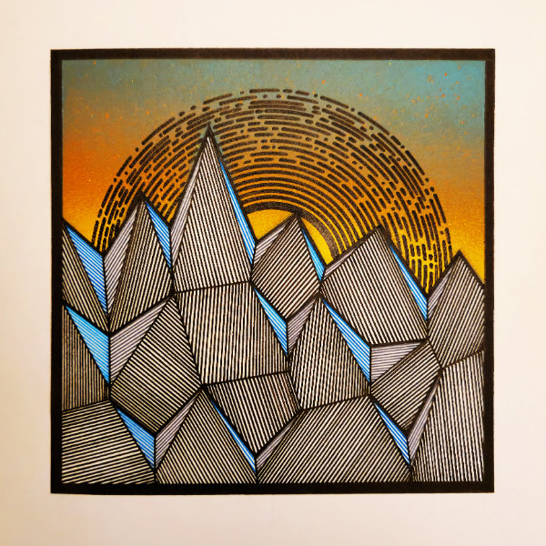 A finely detailed hand drawing of pointed shapes with a circular shape in the background highlighted with golden tones.