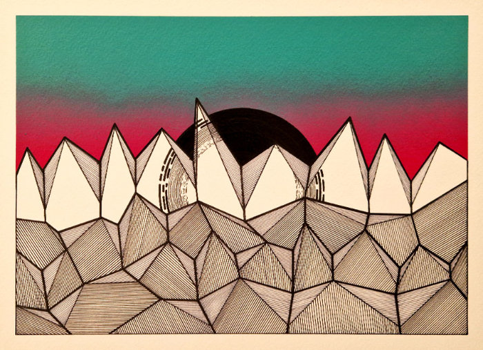 Another design idea for 'Together in Geometric Dreams' featuring angular shapes in the foreground and a black circle peeping over behind with pink and green background.