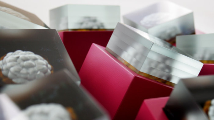 Detail of 'Urban Echoes' sculpture showing close up of clear glass layers with rounded shapes inside, each set in pink cubes.