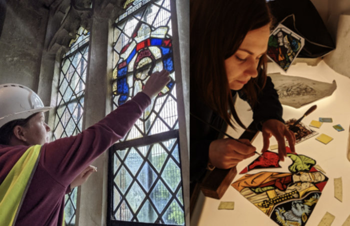 A dual image featuring a man in hard hat reaching up to repair a traditional stained glass window on the left and on the right a close-up of a woman painting on coloured glass on a light table.