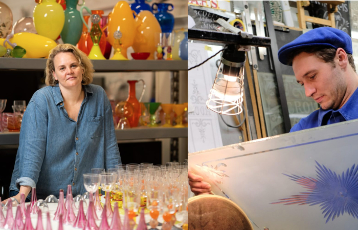 A dual image featuring glassblower Phoebe Stubbs leaning on a table of her glass bottles and glasses with racks of large glass vases in bright colours behind her. The other image shows a close up of Tobias Newbigin grinding the edge of a sheet of frosted glass with a cut star in the centre against a wheel.