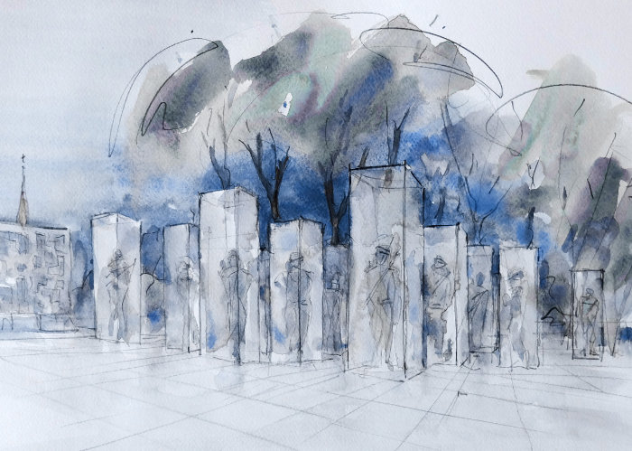 An artist sketch in pen and ink showing suggested layout of the cuboids in the city square.