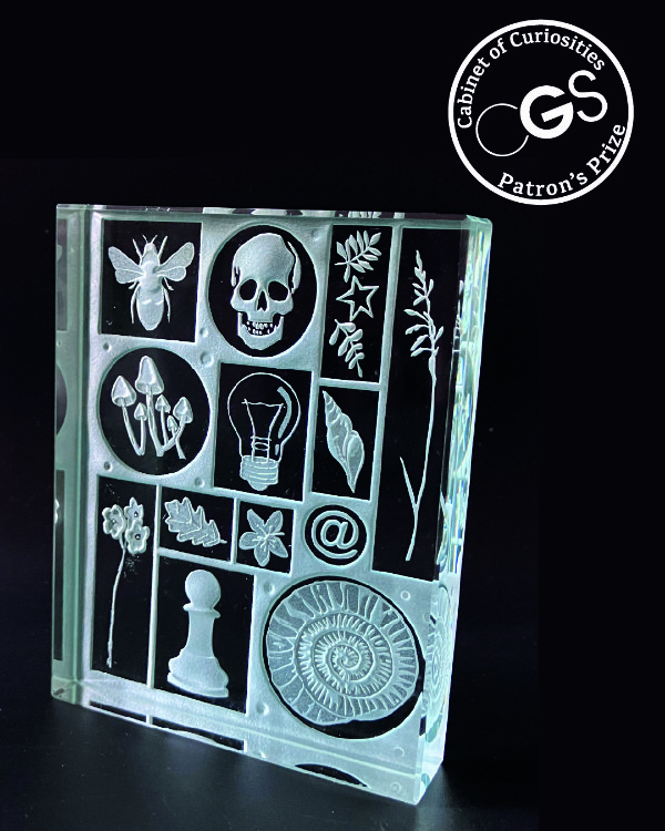 Rectangular clear glass that has been sandblasted to create the effects of a mini cabinet of curiosities featuring items from nature and a skull and chess piece in square and rectangular sections as though on shelves. Called 'Glass Curiosities' by Becky Harris-Cowley.