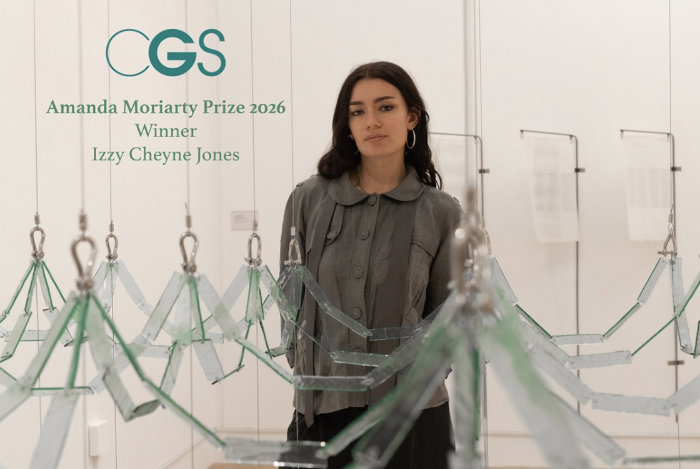 Emerging artist Izzy Cheyne Jones stands amid an installation of hanging clear glass rectangles linked together in loops and held by numerous brass coloured oval rings held on vertical wires. The effect is of a series of tent canopy tops.