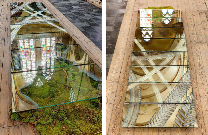Two views from above of a series of mirror glass panels laid on a bed of moss and reflecting the ceiling architecture of a church, by Jantine Koppert. The installation is called Shifting Perspectives and comprises glass, mirrorring, sandblasting, moss and pigments.
