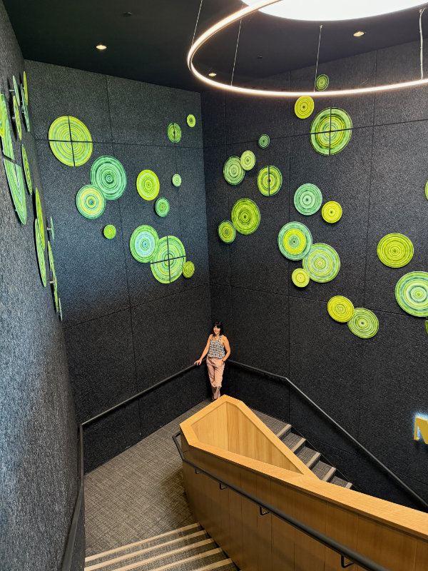 A view down a steep staircase in a commercial building with dark brown fabric-panelled walls. On the half landing stands Malina Cipleu and on the three walls showing there are large roundels of kiln-formed glass in bright green tones and different sizes, arranged organically with some overlapping one another. They make a bold statement against the dark brown walls.