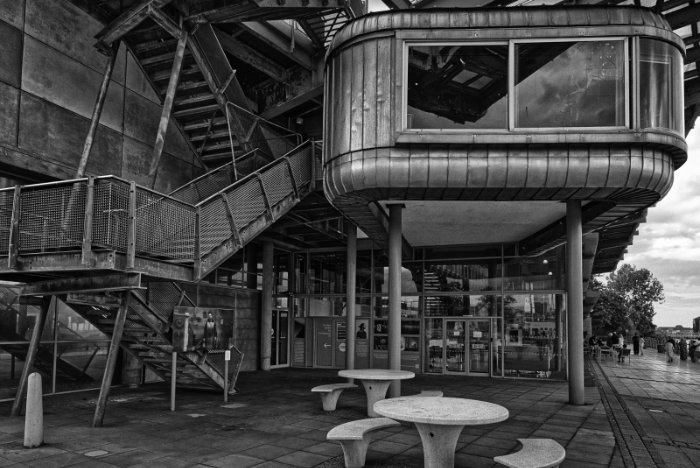 A moody close up in black and white of the now closed National Glass Centre.