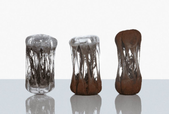 Three vertical stretched glass sculptures in clear and brown glass by Sean Barnes.